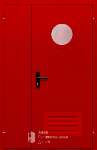 Фото двери «Полуторная с круглым стеклом и решеткой (красная)» в Можайску